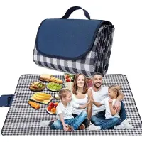 OEM Strandmat van 200 x 200 cm, waterbestendig en zandafstotend - Opvouwbare strandmat voor picknicks buiten - Marineblauw met wit ruitpatroon