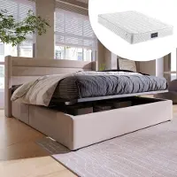 MODFU Bedframe 160x200 cm – linnen beige – met hydraulische opbergruimte en gelaagd hoofdbord – elegant design