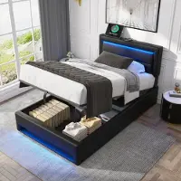 MODFU Bedframe 90x190 cm – Zwart PU met LED & draadloos laden – Hydraulisch