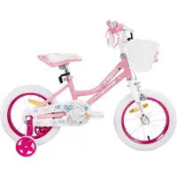 Happiq Meisjesfiets – Voor peuters en kinderen van 2-9 jaar – Met zijwieltjes, mandje, handrem & standaard – Roze2, 36 cm