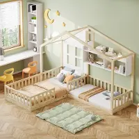 Sweiko Kinderbed - 90x200 cm (140x70 cm) - Opbergplank - LED-verlichting - Veiligheidsrails - Wit + Natuurlijke