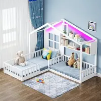 Sweiko Kinderbed - 90x200 cm (140x70 cm) - Opbergplank - LED-verlichting - Veiligheidsrails - Wit