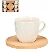 Arte Regal Koffieservies Set - Luxe Servies Set - Kop en Schotel Set - Koffiekopjes met Bamboe Schotels - Espresso Kopjes - voor 6 Personen - Porselein - 90ml - 6.3 x 5.5 x 8.5 cm - Crème