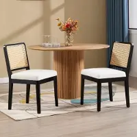 Glamour Retro Luxe Eetkamerstoelen Set van 2 – Linnen & Rotan Design Keukenstoelen met Massief Houten Frame en Comfortabele Zitting (56,5D x 48,5B x 86H cm)