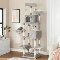 OEM Kattentoren, 206 cm hoog, met 13 krabpalen, 2 zitplaatsen, 2 verborgen ruimtes, een zitplek, een hangmat, decoratie, in lichtgrijs