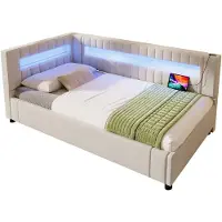 Merax Slaapbank 90x200 - Bed met Opbergruimte - LED Verlichting met Afstandsbediening - USB en Type C - Linnen - Beige