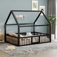 Merax Bed in Huisvorm 140x200 - Metalen Bed met Hekwerk - Kinderbed - Modern Bedframe - Zwart