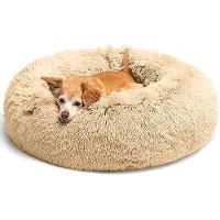 OEM Hondenbed Fluffy, rond honden-kussen, huisdierenbed in de vorm van een donut, wasbaar kattenbed met antislipbodem, geschikt voor grote, middelgrote en kleine honden, 50 cm, kameelhaar