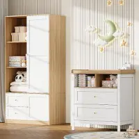 OKWISH Babykamer Set – Kledingkast Met Schuifdeuren En Commode Met Aankleedblad – MDF Wit En Houtlook – Opbergruimte