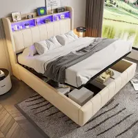MODFU Ledikant 160x200 cm – beige linnen – met kleurwisselende LED, USB/Type-C en opbergruimte