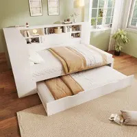 OKWISH Uitschuifbaar bed 90x200 cm met een uitschuifbaar bed van 90x190 cm en een lattenbodem, geschikt als logeerbed, kinderbed met USB-aansluiting (zonder matras) - wit