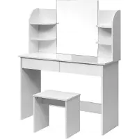 OEM Houten tafel met spiegelopslag en make-upruimte - Wastafeltafel, schoonheidstafel, werktafel - 108x40x76 cm - Wit