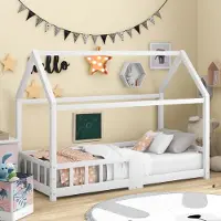 STILVORA Ledikant 90x200 cm van massief vurenhout en MDF – wit – huisvorm met krijtbord en valbeveiliging – kinderkamer