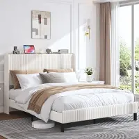 HAUSS SPOLE Gestoffeerd Bed 140x200cm - Platformbed Met Stoffenkop En Anti-Slip Design - Koord - Beige