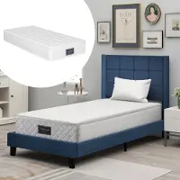 OKWISH Gestoffeerd Bed - 90x200 cm - Eenpersoonsbed Met Lattenbodem En Hoofdbord - Inclusief Matras - Linnen - Blauw