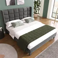OKWISH Gestoffeerd Bed 140x200 cm - Tweepersoonsbed Met Lattenbodem En Gestoffeerd Hoofdeinde - Linnen - Grijs (exclusief Matras)