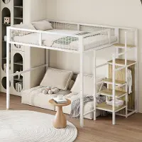 MODFU Hoogslaper 140x200 cm van metaal en MDF – met veiligheidsladder en kledingkast – wit – voor de tienerkamer