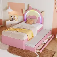 HAUSS SPOLE Peuterbed 90x200 - Kinderbed Eenpersoonsbed met Uitrolbed en 3-in-1 Lade, Eenhoorn Hoofdbord - PU - Roze