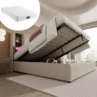 OKWISH Gestoffeerd Bed 140x200 cm - Tweepersoonsbed Met Opbergruimte En LED Verlichting - Hydraulisch Opbergvak Met USB En Type-C Oplaadfunctie - Linnen - Vintage Bruin - Met Matras