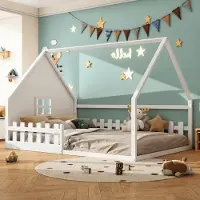 MODFU Ledikant 140x200 cm van massief grenenhout en MDF – wit – huisvormig ontwerp met reling – kindvriendelijk
