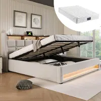 OKWISH Tweepersoonsbedden 160x200 cm - Gestoffeerd Tweepersoonsbed Met USB En LED - Linnen - Beige （Met matras）