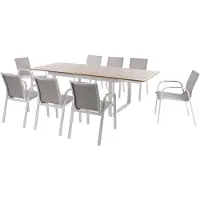 Vente-unique Tuinset van aluminium: uitschuifbare aluminium tafel L.155/246 cm en 8 fauteuils - Licht natuurlijk en wit - SERUNO van MYLIA