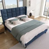 OKWISH Gestoffeerd Bed 140x200 cm - Tweepersoonsbed Met Lattenbodem En Gestoffeerd Hoofdeinde - Linnen - Blauw (exclusief Matras)