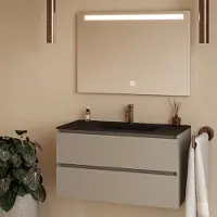 Fontana Rovigo badmeubel 100cm taupe met zwarte wastafel met kraangat en spiegel met verlichting