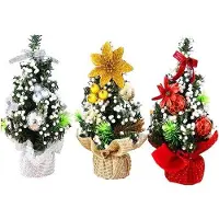 OEM Kerstbomen - Set van 3 mini kerstbomen in blauw, groen en rood, met houten voet. Decoraties voor feestelijke versiering in huis
