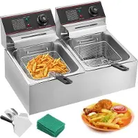 OEM Elektrische friteuse met dubbele tank, geschikt voor commercieel gebruik, met een inhoud van 12 liter, een vermogen van 5000 watt en een robuuste behuizing van roestvrij staal