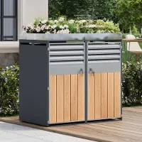 HAUSS SPOLE Afvalcontainerkast – Afsluitbaar 2-Vaks Met Plantenbak – Verzinkt Staal – Grijs Houtlook – Voor Buiten