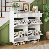 HAUSS SPOLE Schoenenkast - Smal Met 4 Kanteldeuren En 2 Lades - Voor Hal Slaapkamer En Appartement - MDF Spaanplaat - Wit - 106,5x25x105,5 Cm