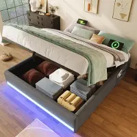 HAUSS SPOLE Gestoffeerd Bed 140x200 cm - LED Multikleur & USB/USB-C - Hydraulische Opbergruimte Voor Kleine Slaapkamers - Linnen - Zonder matras - Grijs