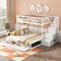 HAUSS SPOLE Stapelbed 90x200 cm - Met Uitschuifbed En Lattenbodem - Met Opbergladder En 2 Laden - Zonder Matras - Grenen - Wit