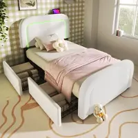 HAUSS SPOLE Gestoffeerd Bed - 90x200 cm - Eenpersoonsbed Met 4 Lades En Hoogteverstelbaar Hoofddeel - USB C Oplaadfunctie En LED Verlichting - Sherpa - Wit