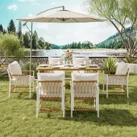 HAUSS SPOLE Tuinmeubelset 7-Delig 159,5x77,5x75 cm - 1 Tafel En 6 Stoelen Met Kussens - Rotanlook Met IJzeren Frame - Beige