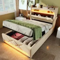 HAUSS SPOLE Gestoffeerd Bed 90x200 cm - Eenpersoonsbed Met Opbergruimte En USB C-Type Oplaadfunctie - Bed Met Lades En LED Verlichting - Linnen - Beige