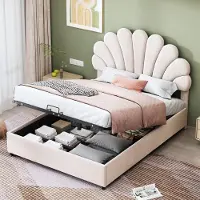 HAUSS SPOLE Gestoffeerd Bed 140x200 - Kinderbed Met Verstelbaar Hoofdteil En Hydraulisch Opbergbed - Fluweel - Beige