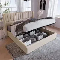 HAUSS SPOLE Tweepersoonsbedden 180x200 cm - Gestoffeerd Bed Met Hydraulische Opbergruimte - Lattenbodem Inclusief Praktisch Opbergbed - Linnen - Beige