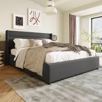 HAUSS SPOLE Gestoffeerd Bed 180x200 cm - Hydraulische Opbergruimte - Gestoffeerd Hoofdeinde - met Houten Lattenbodem - Linnen - Grijs - zonder matras
