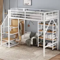 HAUSS SPOLE Halfhoogslaper 90x200cm - Hoekkast met Kledingstang, Veiligheidshek en Lattenbodem - Metaal+MDF - Wit+Naturel - Zonder matras