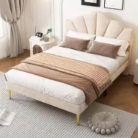 HAUSS SPOLE Gestoffeerd Bed 140x190cm - Schelpvormig Hoofdbord Verstelbaar In Hoogte - Met Lattenbodem - Zonder Matras - Fluweel - Beige