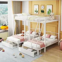 HAUSS SPOLE Metalen Stapelbed 140x200cm - Drie Slaapplaatsen Met Opberglades - Deelbaar Tot 1 Tweepersoonsbed En 2 Eenpersoonsbedden - Zonder Matras - Wit