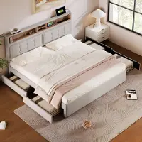 HAUSS SPOLE Gestoffeerd Bed 140x200cm - Verstelbaar Hoofdeinde ±12 cm - met USB & Stopcontacten - Linnen - Lichtbeige - zonder matras