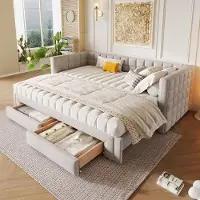 HAUSS SPOLE Gestoffeerd Dagbed 90x200cm - Uittrekbaar Tot 180x200cm - Met 2 Laden - Met Vierkant Hoofdeinde - Robuust MDF Frame - Fluweel - Beige - Zonder matras