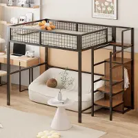 HAUSS SPOLE Loftbed 140x200cm - Hoogslaper Met Gaas Hoofdeinde - Trap Met Opbergruimte & Kast - Ruimtebesparend Voor Kinderkamer - Metaal - Zwart - Zonder matras