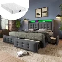 HAUSS SPOLE Gestoffeerd Bed Tweepersoonsbedden 140x200 cm - Bed Met Opbergruimte 4 Lades + Matras - LED Verlichting + USB Type C Oplaadfunctie - Katoen - Grijs
