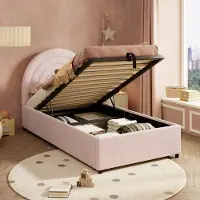HAUSS SPOLE Gestoffeerd Bed 90x200cm - Kinderbed Met Opbergruimte Met Hefmechanisme - Met Ingebedde Matrasrand - Zonder Matras - Fluweel - Roze