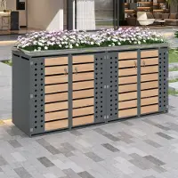 HAUSS SPOLE Afvalcontainer Omkasting - Vier Vakken Met Afsluitbare Deuren En Bloembak - Voor Tuin En Oprit - Verzinkt Staal - Grijs Houtlook
