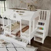 HAUSS SPOLE Stapelbed 90x200cm & 140x200cm - Kinderbed Spelhuis Met Dak En Ramen - Met 2 Uittrekbare Laden En Trapkast Met 4 Vakken - Grenen/MDF - Wit - Zonder matras